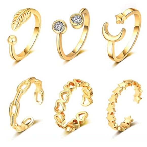 18K Yellow Gold Adjustable Boho Open Toe Rings - Set of 20 - Picture 3 of 10